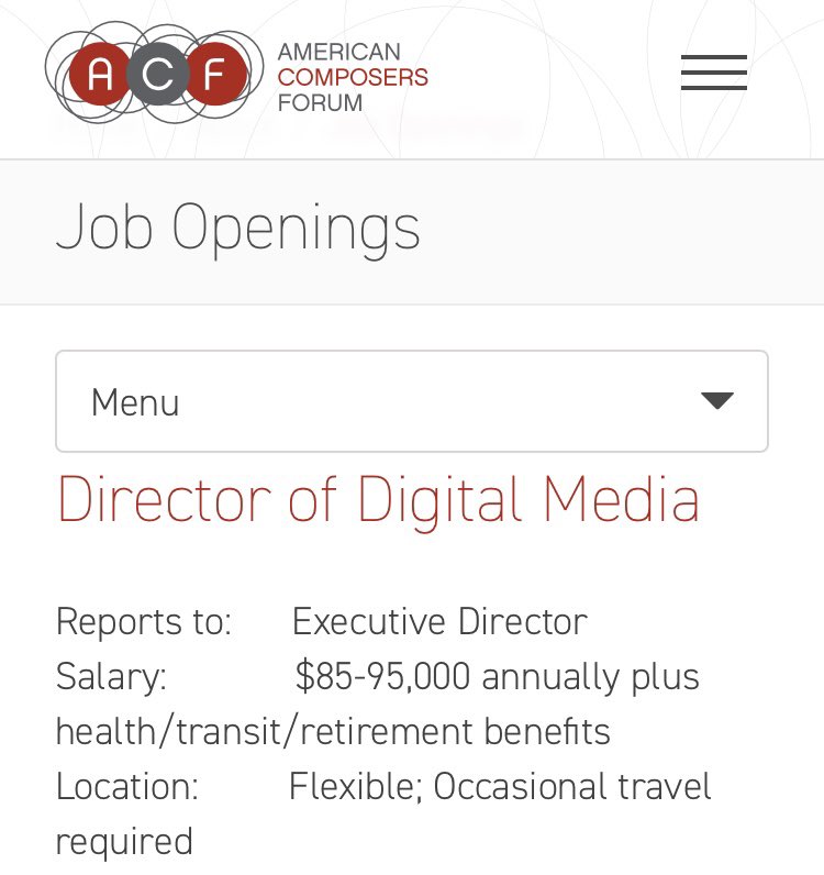 If you’re passionate about digital platforms &amp; living composers, please apply for this new job at ACF! You’ll be the 10,000ft view strategy person while me and my team work on day-to-day content creation. This position works directly with me so send me Qs! composersforum.org/about/job-open…