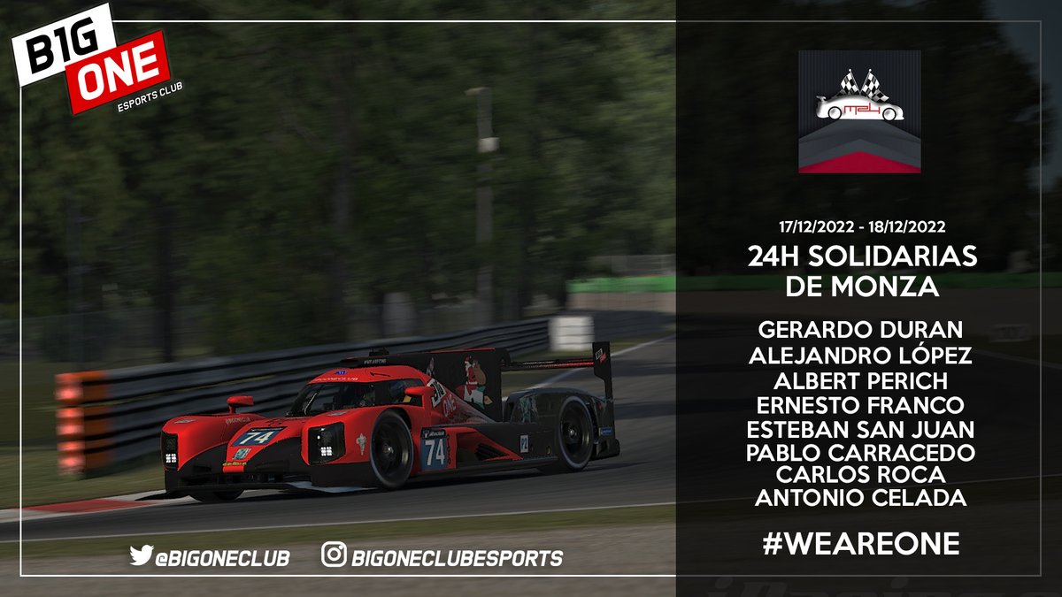 #iRacing 

¡Llegan las #24hdeMonzaSolidarias2022 de <a href="/24hMonza/">24h Solidarias</a>!

Nuestro LMP2 estará pilotado por:
<a href="/geert_dj12/">GDJ</a> 
<a href="/AlexLopezF1/">Alejandro López</a> 
<a href="/ABlazqu/">AlbertPerich</a> 
<a href="/tury159/">TURY159</a> 
#EstebanSanJuan
<a href="/pablocarraceddo/">Pablo Carracedo</a> 
<a href="/Titoxarly1/">Carlos Roca</a> 
<a href="/Mimajuto/">Toni Celada</a> 

Retransmisión:
twitch.tv/24hmonza

❤️#WeAreOne