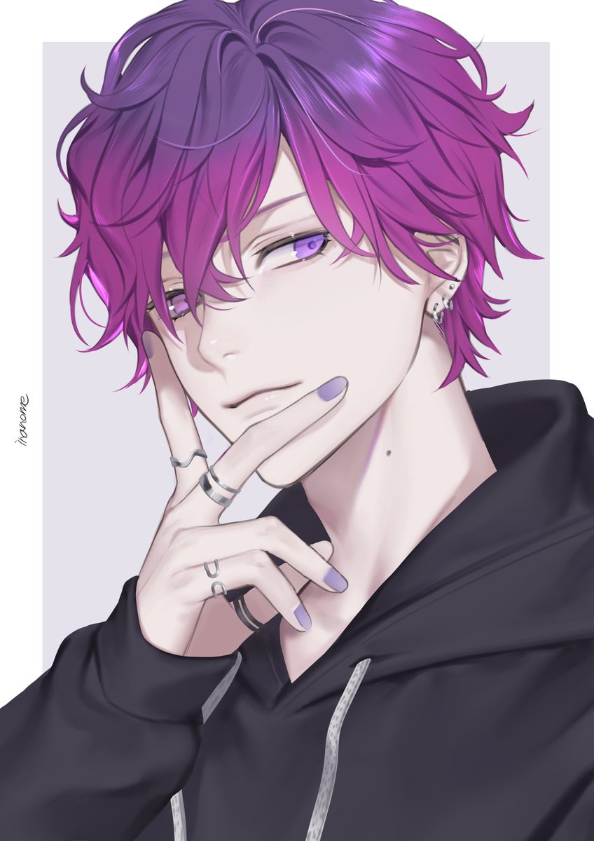 mole on neck 1boy purple hair purple eyes male focus jewelry hood  illustration images