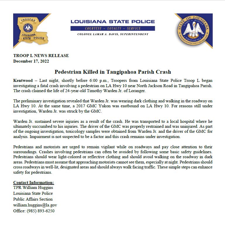 LA State Police on Twitter "TROOP L NEWS RELEASE December 17, 2022