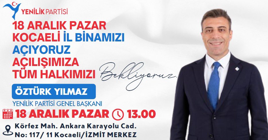 Yenilik Partisi Kocaeli il merkezimizin açılışına tüm dostlarımı bekliyorum.

🗓 18 Aralık Pazar
🕐 13:00
📍Körfez Mh. Ankara Karayolu Cd. No:117/11 Kocaeli/ İzmit Merkez

#artıkbitti
