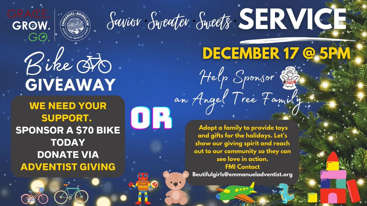 What a great Sabbath to be in the building at Brinklow.  Come worship the SAVIOR, wear your favorite SWEATER, get a SWEET treat, and we will together give SERVICE to our community!  We can't wait to see you for the bike giveaway and so much more!
#brinklow #4s #bikegiveaway