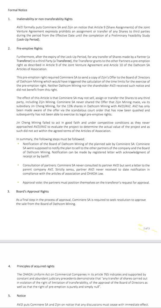 FranckFwamba's tweet photo. @solosimplysolo Facts not Propaganda. 
Here @AvzMinerals Letter to Cominiere, Zijin with a copy to MoP Adèle Kanyinda. Crooks and Cominiere assets looters hide it. @WamesoAndre @Presidence_RDC @POTUS @USEmbKinshasa @CanadaRDC @LukondeSama @nskazadi @ALINGETEJULES_K @anskalambayi @resourmatters https://t.co/qhAJ1P8q4M