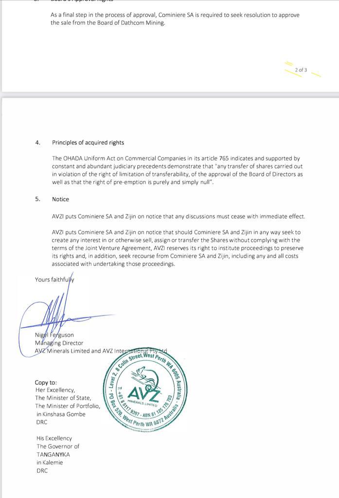 FranckFwamba's tweet photo. @solosimplysolo Facts not Propaganda. 
Here @AvzMinerals Letter to Cominiere, Zijin with a copy to MoP Adèle Kanyinda. Crooks and Cominiere assets looters hide it. @WamesoAndre @Presidence_RDC @POTUS @USEmbKinshasa @CanadaRDC @LukondeSama @nskazadi @ALINGETEJULES_K @anskalambayi @resourmatters https://t.co/qhAJ1P8q4M