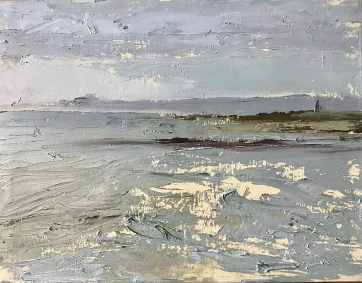 Oil on paper, painted on #Lindisfarne, the Holy Island. Tidal island accessible only by a causeway, w/ ancient #lindisfarnepriory home of #saintcuthbert. A moving cold autumn sky with opaque light diffused on to the North Sea in windy conditions. #bamburghcastle in the distance