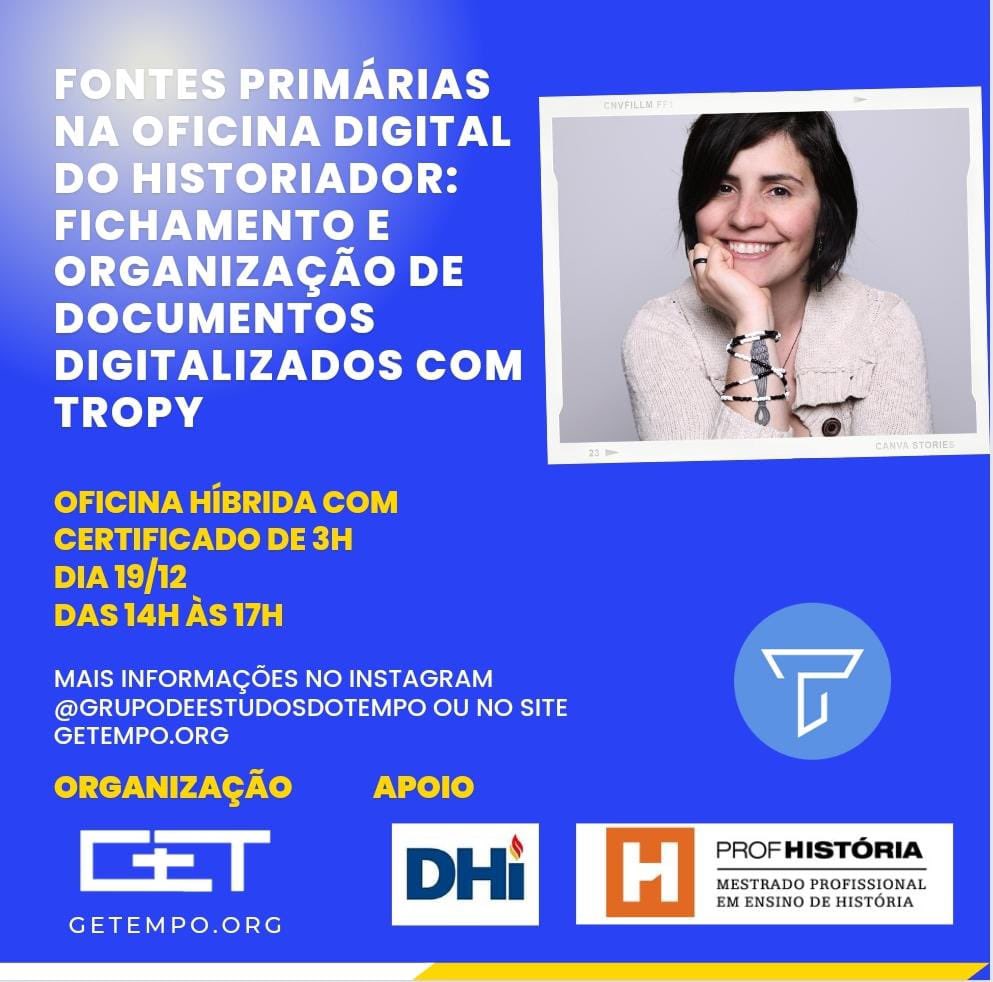 Alô, historiadores do meu Brasil! 

Ainda há vagas para a nossa oficina híbrida com certificado sobre o uso do <a href="/tropy/">Tropy</a> no trabalho com fontes digitalizadas 

getempo.org/2022/12/06/ofi…

#historia #historiadores #fontesprimarias #pesquisa #ferramentasdigitais #dhist #tropy