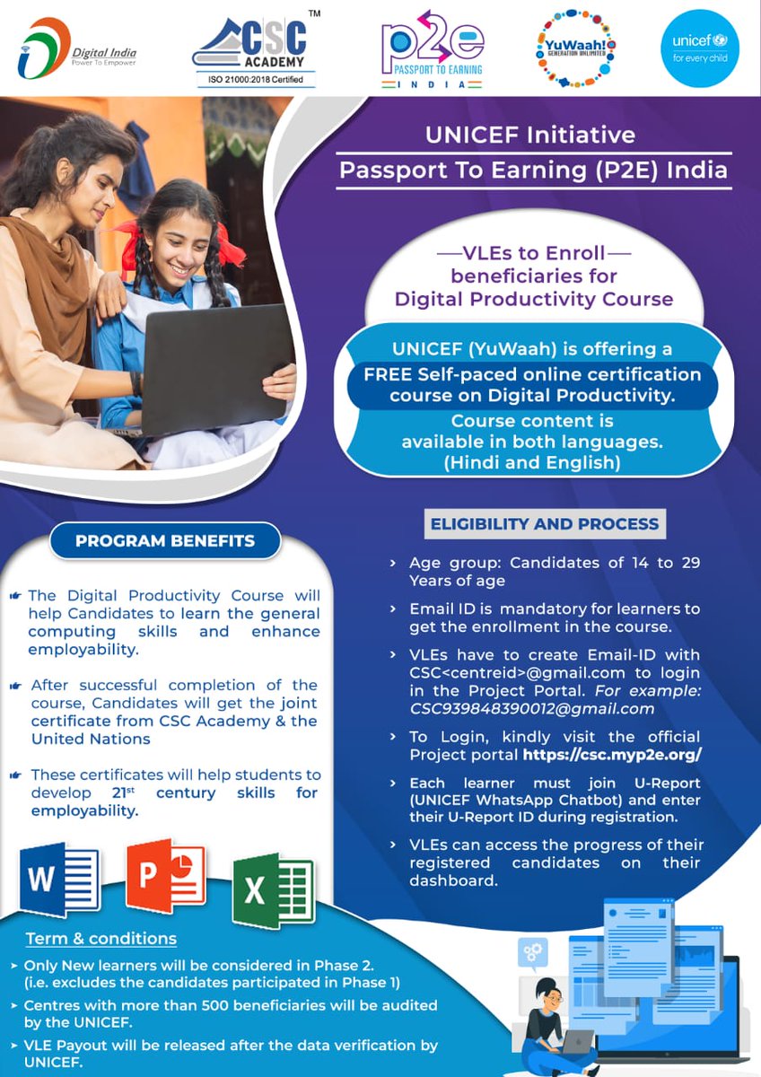 Rishikesh Patankar (@patankarrishi) on Twitter photo Training of candidates on 'Digital Productivity Course' :- चयनित वीएलई के लिए यूनिसेफ पी2ई चरण-2 जल्द ही आ रहा है / UNICEF P2E Phase-2 coming soon for selected VLEs of <a href="/CSCegov_/">CSCeGov</a> <a href="/academy_csc/">CSC Academy</a> <a href="/PMGDISHA/">PMGDISHA</a> <a href="/Tele_Law/">Tele-law</a> <a href="/_DigitalIndia/">Digital India</a> <a href="/YuWaahIndia/">YuWaah (Generation Unlimited India) at UNICEF</a> <a href="/ceo_csc/">CEO_CSC e-Governance</a> Training of candidates on 'Digital Productivity Course' :- चयनित वीएलई के लिए यूनिसेफ पी2ई चरण-2 जल्द ही आ रहा है / UNICEF P2E Phase-2 coming soon for selected VLEs of <a href="/CSCegov_/">CSCeGov</a> <a href="/academy_csc/">CSC Academy</a> <a href="/PMGDISHA/">PMGDISHA</a> <a href="/Tele_Law/">Tele-law</a> <a href="/_DigitalIndia/">Digital India</a> <a href="/YuWaahIndia/">YuWaah (Generation Unlimited India) at UNICEF</a> <a href="/ceo_csc/">CEO_CSC e-Governance</a>