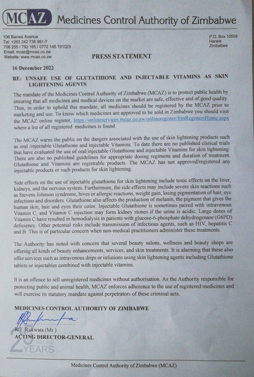 The <a href="/MCAZofficial/">Medicines Control Authority of Zimbabwe</a> speaks on the use of oral/injectable Glutathione and Vitamins for skin lightening. The Authority warns the public on the dangers associated with using skin lightening products such as Glutathione.