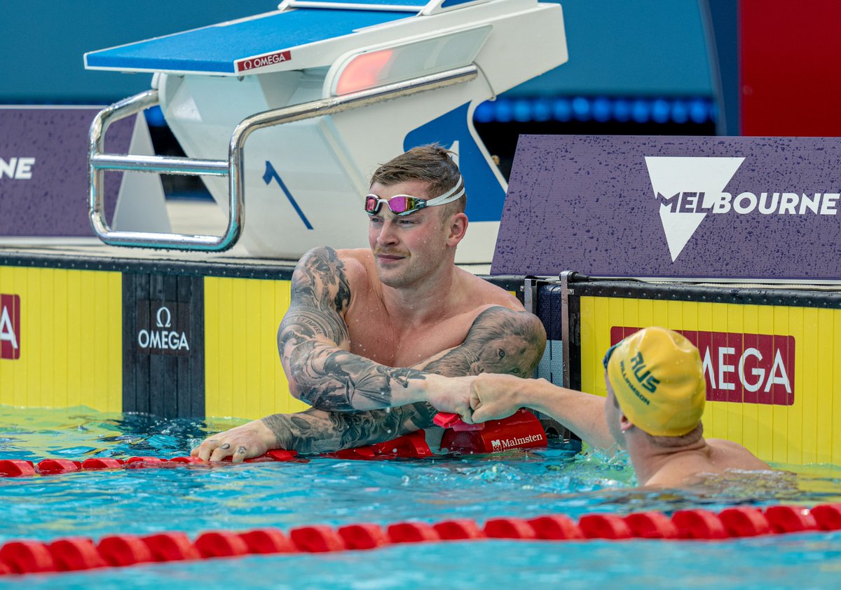 Aquatics_GB's tweet photo. Job done for @Imiclark1999 and @adam_peaty as they move into respective 50m Breaststroke finals ✅💪

Watch out for them in tomorrow's curtain call finals session from #FINAMelbourne22 

📸: Wade J Brennan, @SpeedoUK https://t.co/rynd4M42XU