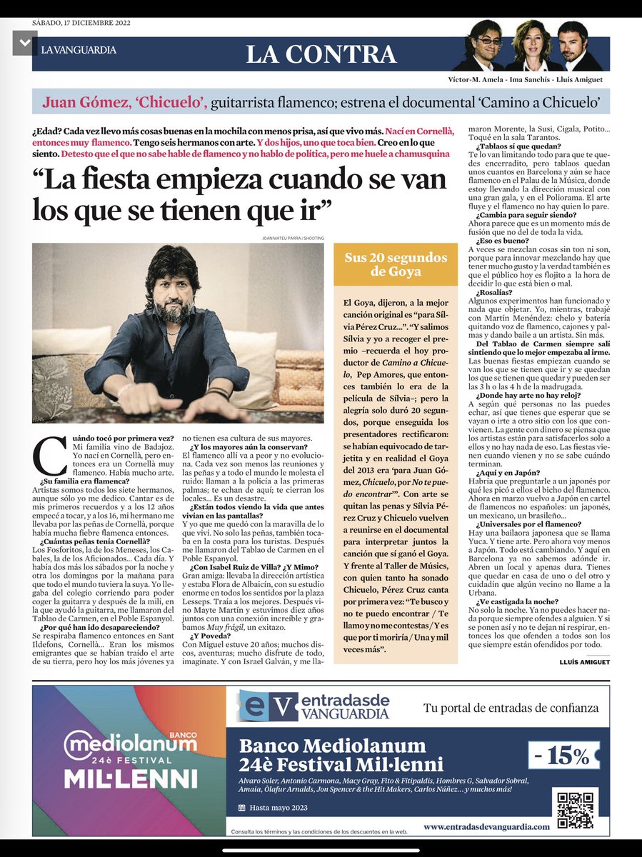 Hoy salimos en <a href="/LaContraLV/">La Contra</a>!!
Con motivo del estreno de nuestra producción documental #CaminoaChicuelo <a href="/LuisAmiguet/">Luis Amiguet</a> entrevista a Chicuelo 
La podéis ver en los <a href="/cinemamalda/">Cinema Maldà 📽</a>