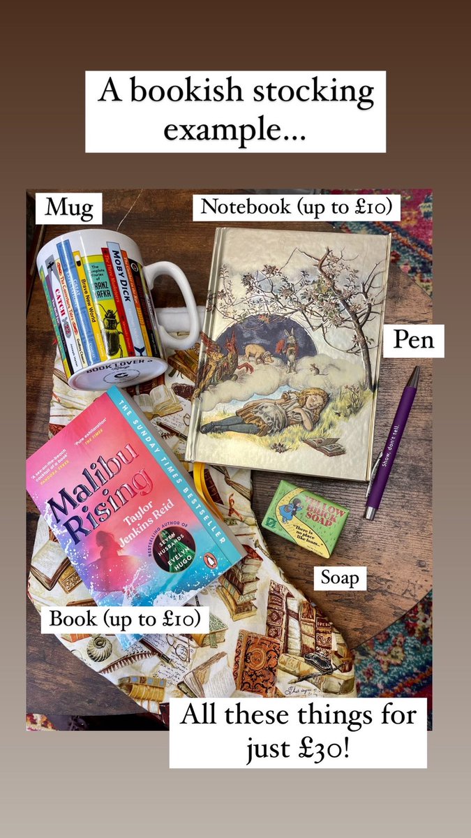 The Bookish Stocking - £30 
Includes:
- any book (up to £10)
- 1x notebook/diary (up to £10)
- 1x mug
- 1x soap
- 1x pen