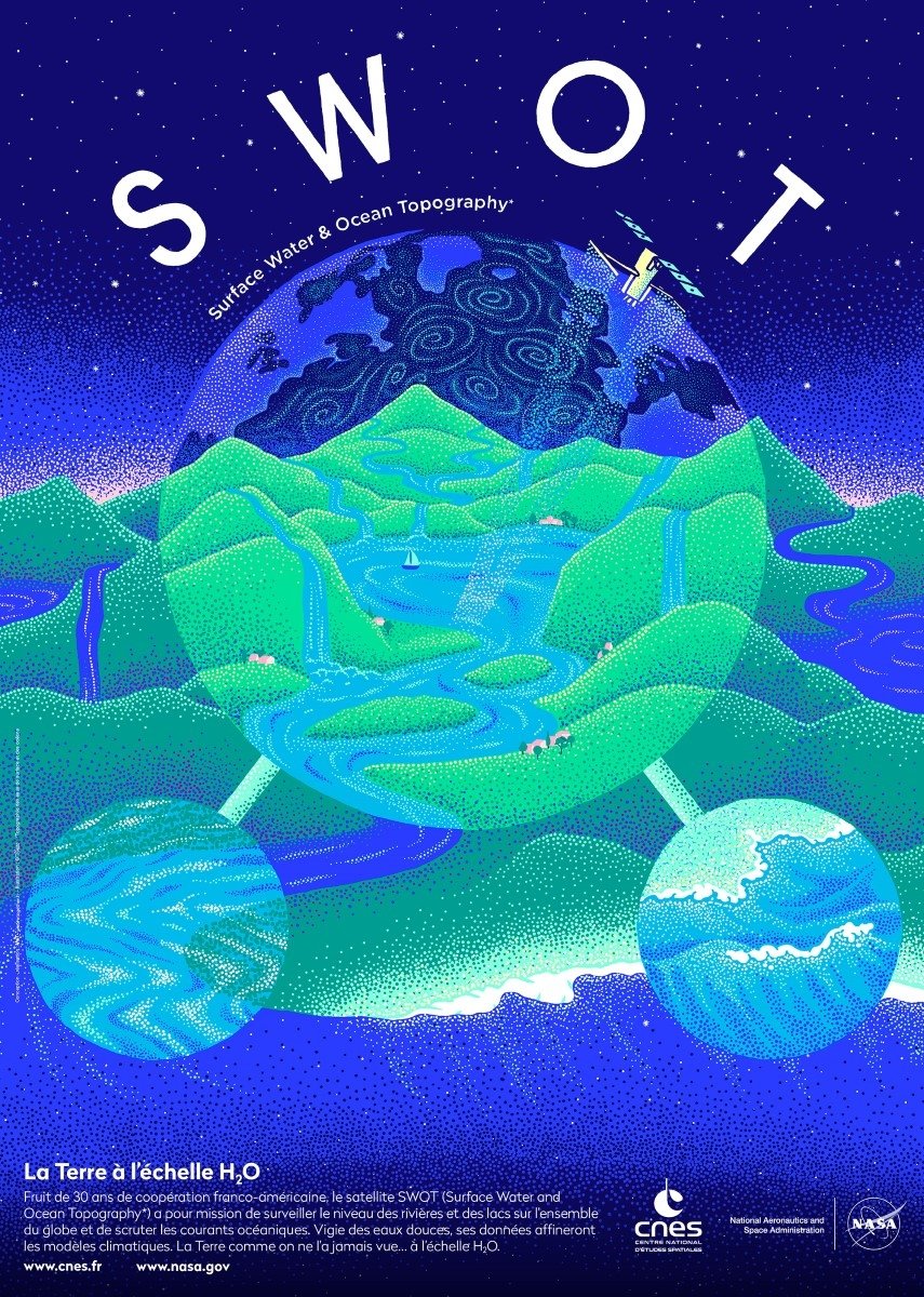 CNES's tweet photo. Pour fêter le lancement du satellite SWOT, l'affiche de l'illustratrice Beax est encore disponible quelques jours en téléchargement HD, ne tardez pas !
👉 https://t.co/9rdIDMDZ8c https://t.co/X8iUfA39pV