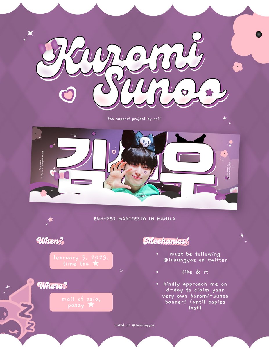 iukungyaz's tweet photo. fan support project by @iukungyaz ! ★☆

    ୨୧ hello, i'll be giving away kuromi themed sunoo banners for enhypen manifesto in manila on feb 5, 2023 at moa !

           strictly 1:1, limited
           open for trades &amp; donations !

𓂃 mbf, like &amp; rt

♱ #MANIFESTO_IN_MANILA https://t.co/UqYKTn8U5C