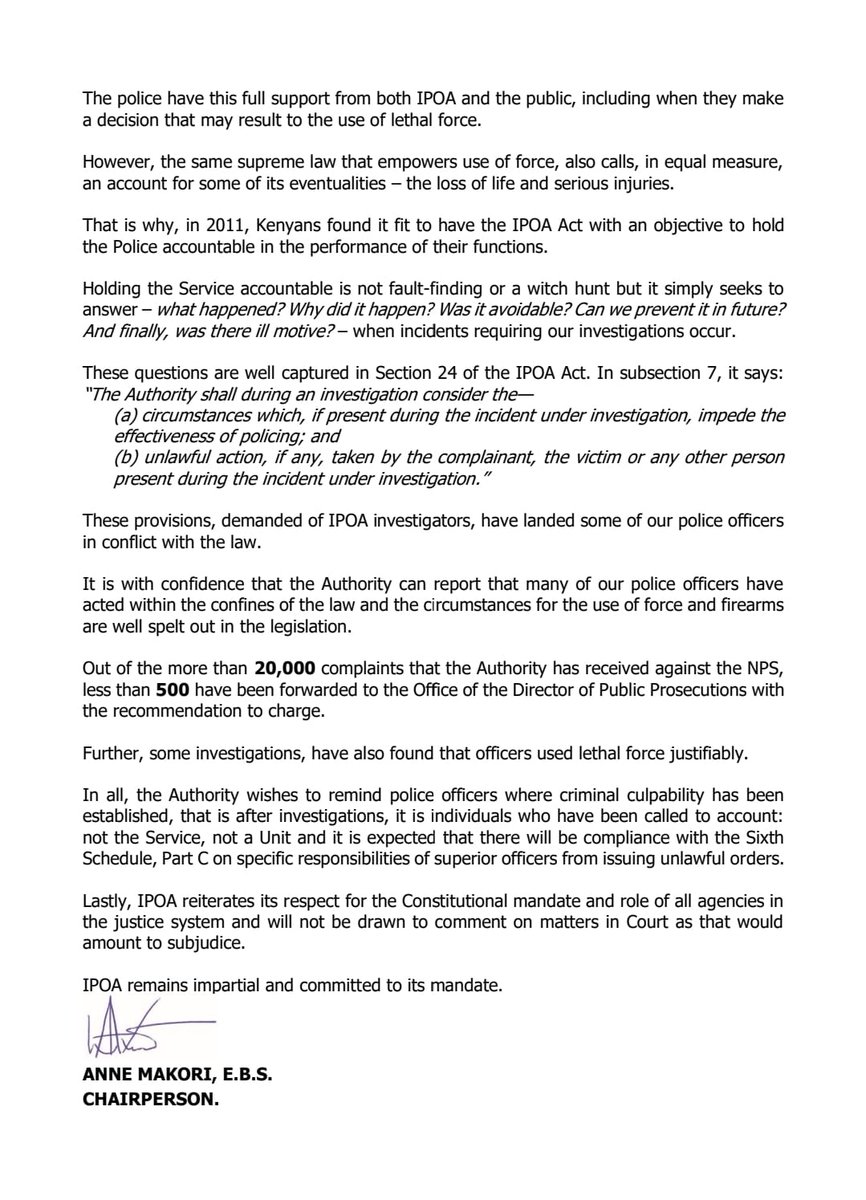 We take this opportunity to commend @IPOA_KE for protesting against allegations attributed to the Inspector General of @NPSOfficial_KE, reminding them that @NPSOfficial_KE is subject to civilian oversight. That the IG utterances contravens @WilliamsRuto position on EJK.