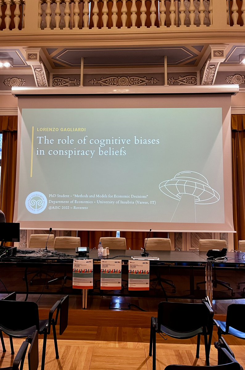 Lord_Gag's tweet photo. Today I presented my paper “The role of cognitive biases in conspiracy beliefs” at @aisc_assoc 2022 in the elegant Aula Magna of Rovereto’s @UniTrentoDIPSCO! Thanks to #AISC22 and @cimec_unitrento for this great opportunity. https://t.co/FIjKy7u8k5