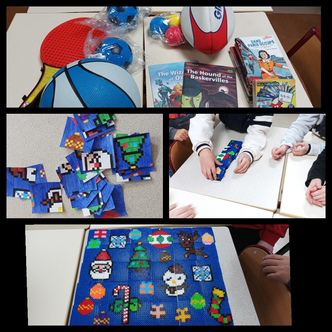 Travail collectif en pixel (perles à repasser), énigmes pr ouvrir un coffre et découvrir le nouveau matériel de cour et livres pour la classe (en lien avec le programme d'histoire cm2 et en anglais). Élèves ravis ! Place aux fêtes de fin d'année maintenant !!