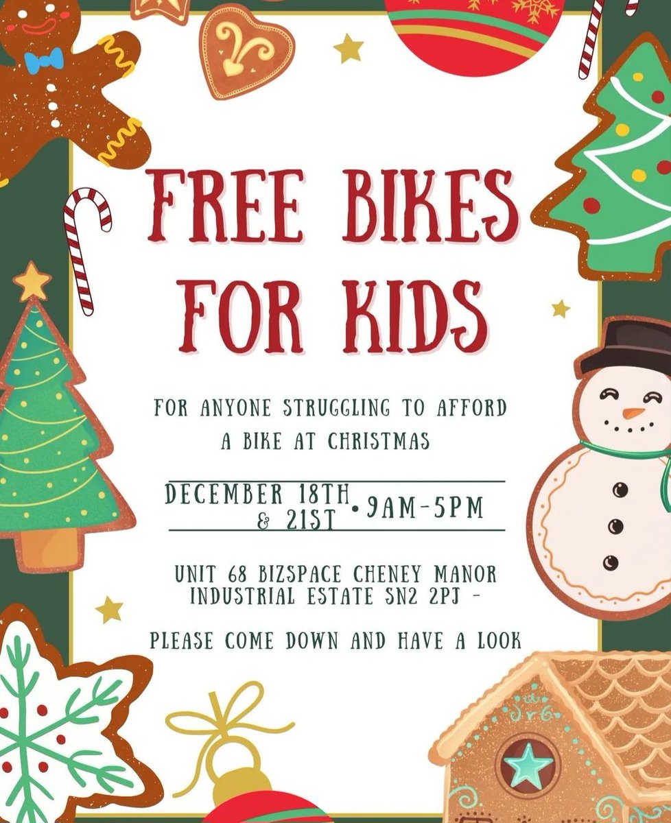 thebikeshed_OT's tweet photo. Free bikes for kids. Any families struggling over Christmas are welcome yo.sropby tomorrow or Wednesday and take a bike for free #Christmas #ukcyclechat #cycling #Swindon https://t.co/AGm1p8yQse
