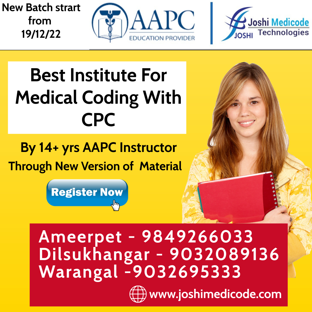 joshimedicode's tweet image. #bestmedicalcodingacademy
New Batch from 19/12/22, @ Ameerpet Location
Real - Time Medical Coding with CPC training by Experts @ No 1 Medical Coding Academy, "Joshi Medicode Technologies"- Ameerpet, Dilsukhnagar & Warangal
web enquiry www.joshimedicode.comfb