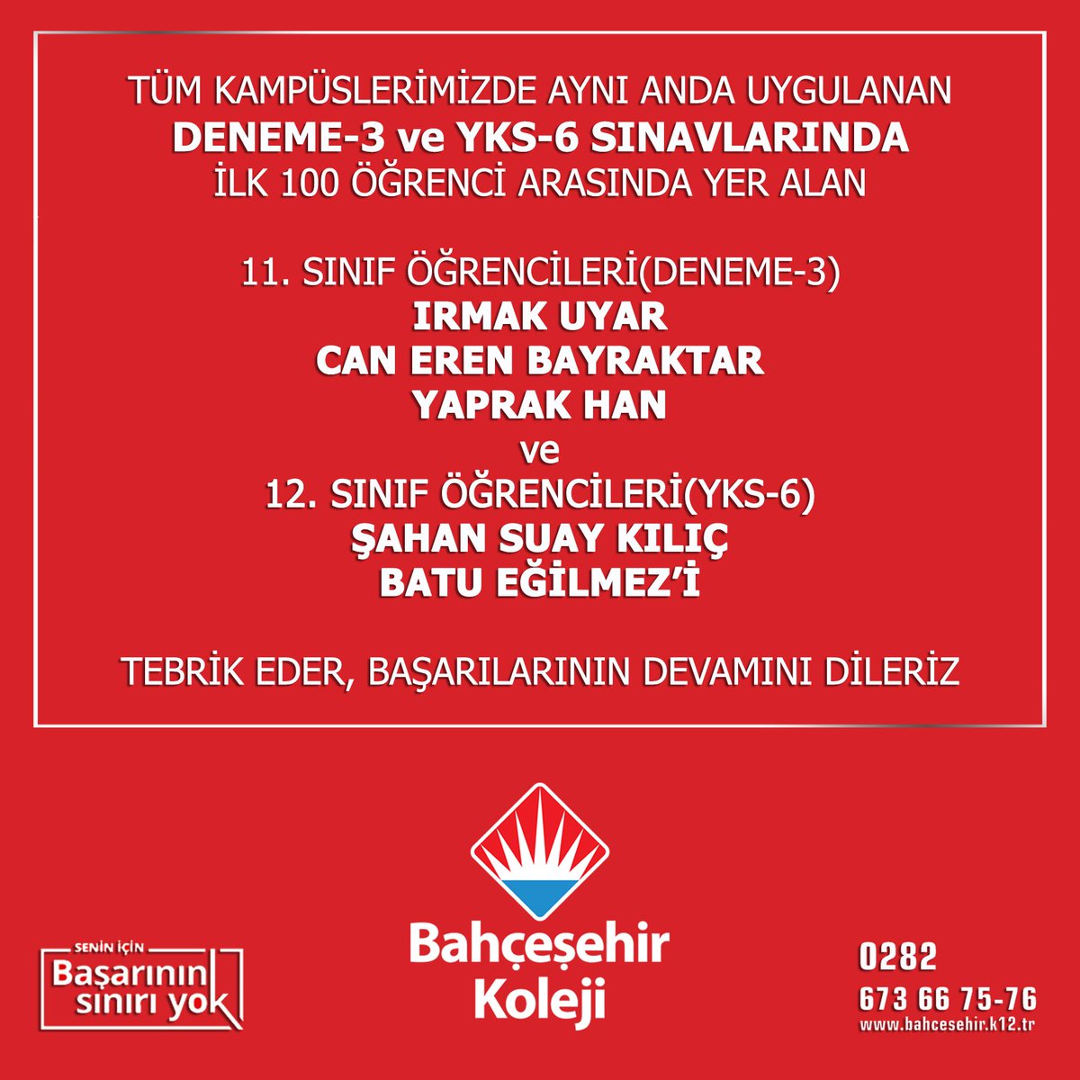 Öğrencilerimizi tebrik eder başarılarının devamını dileriz.