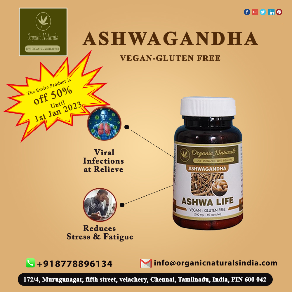 Organic Naturals
Ashwagandha
VEGAN-GLUTEN FREE
☎Call us : +91 8778896134 …
#OrganicLife #Organic #organicproducts #Organicsupplements
#lifestyle #naturallife #kabasura #healthy #healthyliving #healthyeating #Premium #ashwagandha #vegan #stress #fatigue