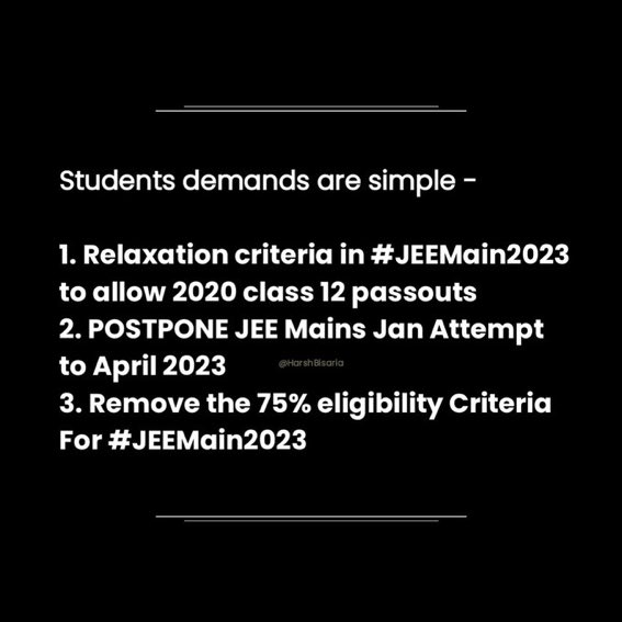 NSUIHimachal's tweet photo. Demands of lacs of #JEEMains Aspirants are simple &amp; genuine-

1. Relaxation criteria in #JEEMain2023 to allow 2020 class 12 passouts
2. POSTPONE JEE Main Jan Attempt to April 2023
3. Remove the 75% eligibility Criteria For #JEEMains2023

CC:@DG_NTA @dpradhanbjp
#JEE2023ForAll2020 https://t.co/JGqreHO09q