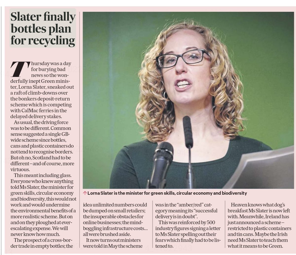 The SNP/Greens didn't want to participate in a UK wide bottle recycling scheme, all because they wanted a Scottishy version.

Well guess what? 

The whole scheme has crashed and burned and the person responsible, Lorna Slater sneaked out the news after she flew to Canada.