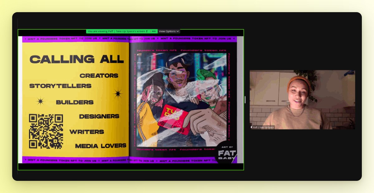 .<a href="/takeupspacehq/">take up space</a>

Building a new era of decentralised media.

TUS DAO brings together a global collective of creators, writers, storytellers, artists and media lovers.

More: linktr.ee/takeupspace_nft