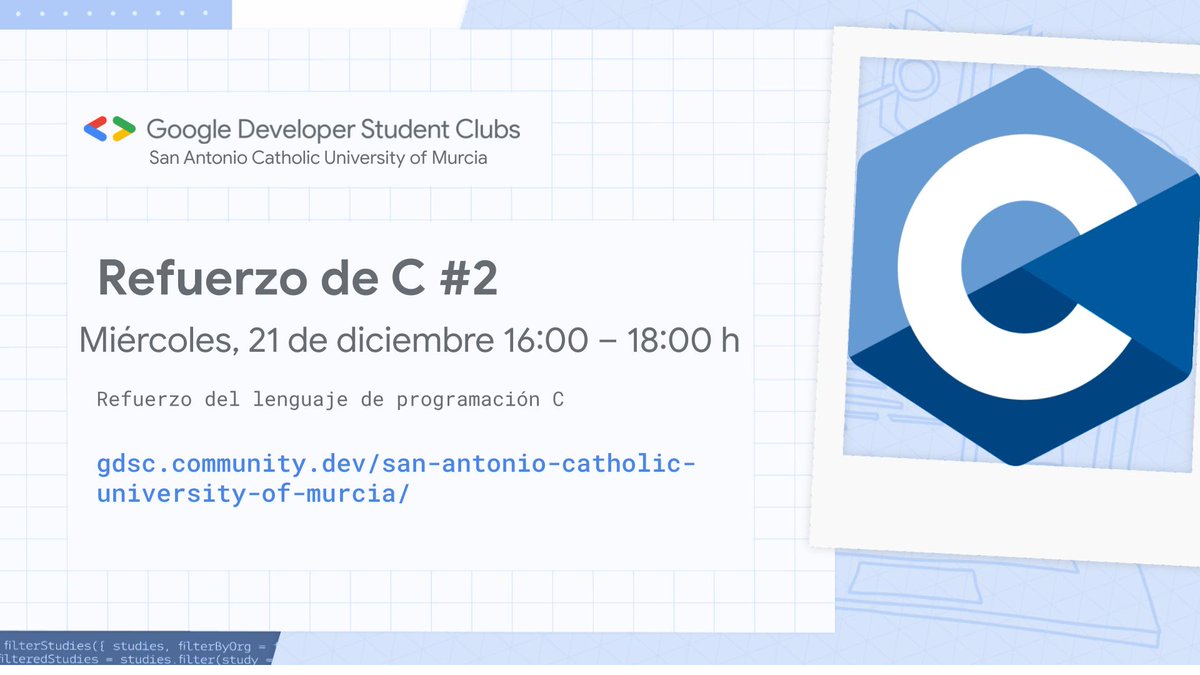 Continuando con los talleres de refuerzo, el Miércoles 21 a las 16:00, en el pabellón 5 API02 se impartirá el taller de refuerzo de C.
El enlace para acceder es el siguiente: 
gdsc.community.dev/events/details…