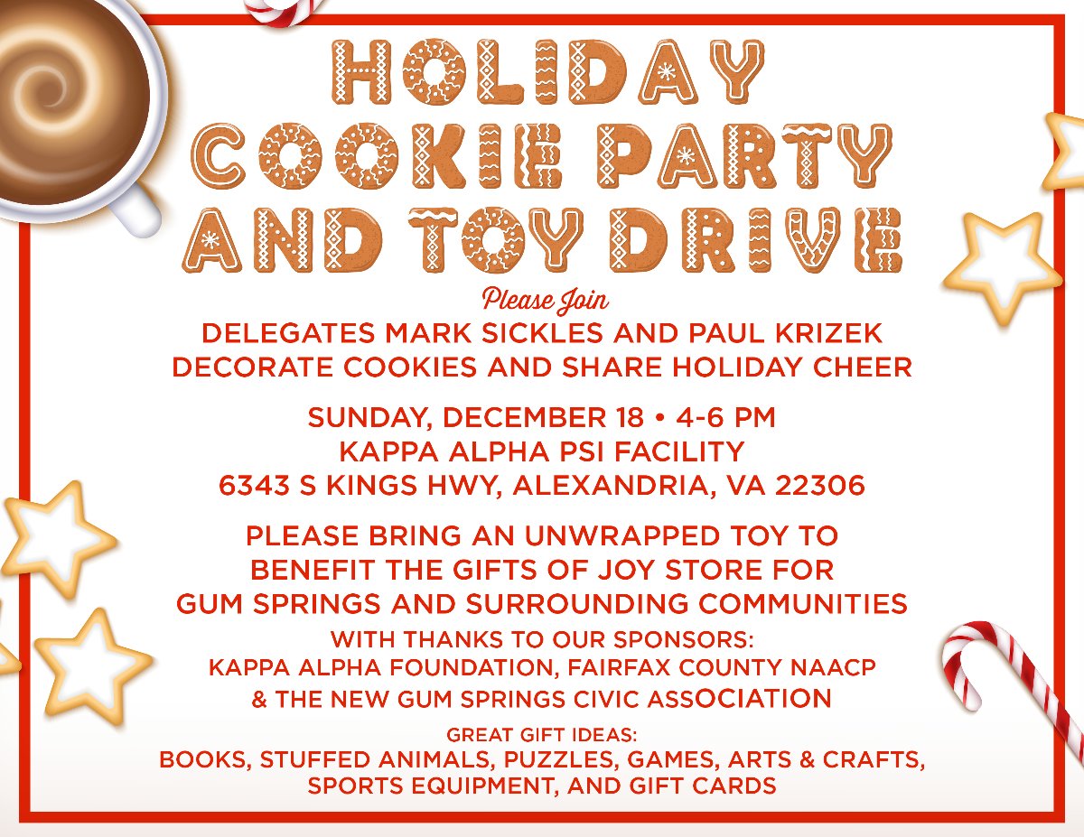 Holiday Cookies + Party + Toy Drive = Ingredients for a delightful afternoon. 

Sunday, Dec. 18th, Join Delegates Mark Sickles and Paul Krizek for cookie decorating and sharing holiday cheer from 4-6PM. 

#cookies #toydrive #giving #donation #spreadinglove #holidaycheer