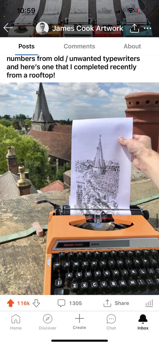 This post of mine on Reddit got me to the front page, my drawing of All Saint’s Church from the rooftop of The Moot Hall, Maldon; a drawing made entirely using my vintage 1970’s SilverReed typewriter  #reddit #artistsontwitter