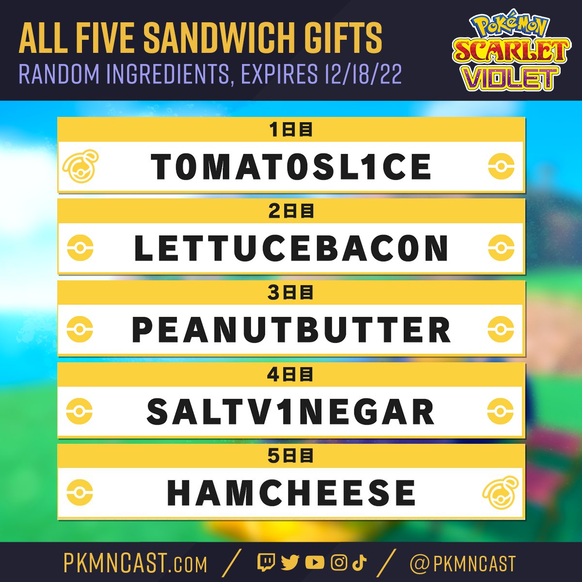pkmncast's tweet photo. The 6th code is "BANANACREAM," but here are the last 5 in case you missed them! You have until the 18th to redeem all of these! 🥪 https://t.co/2G2jDLlDr0