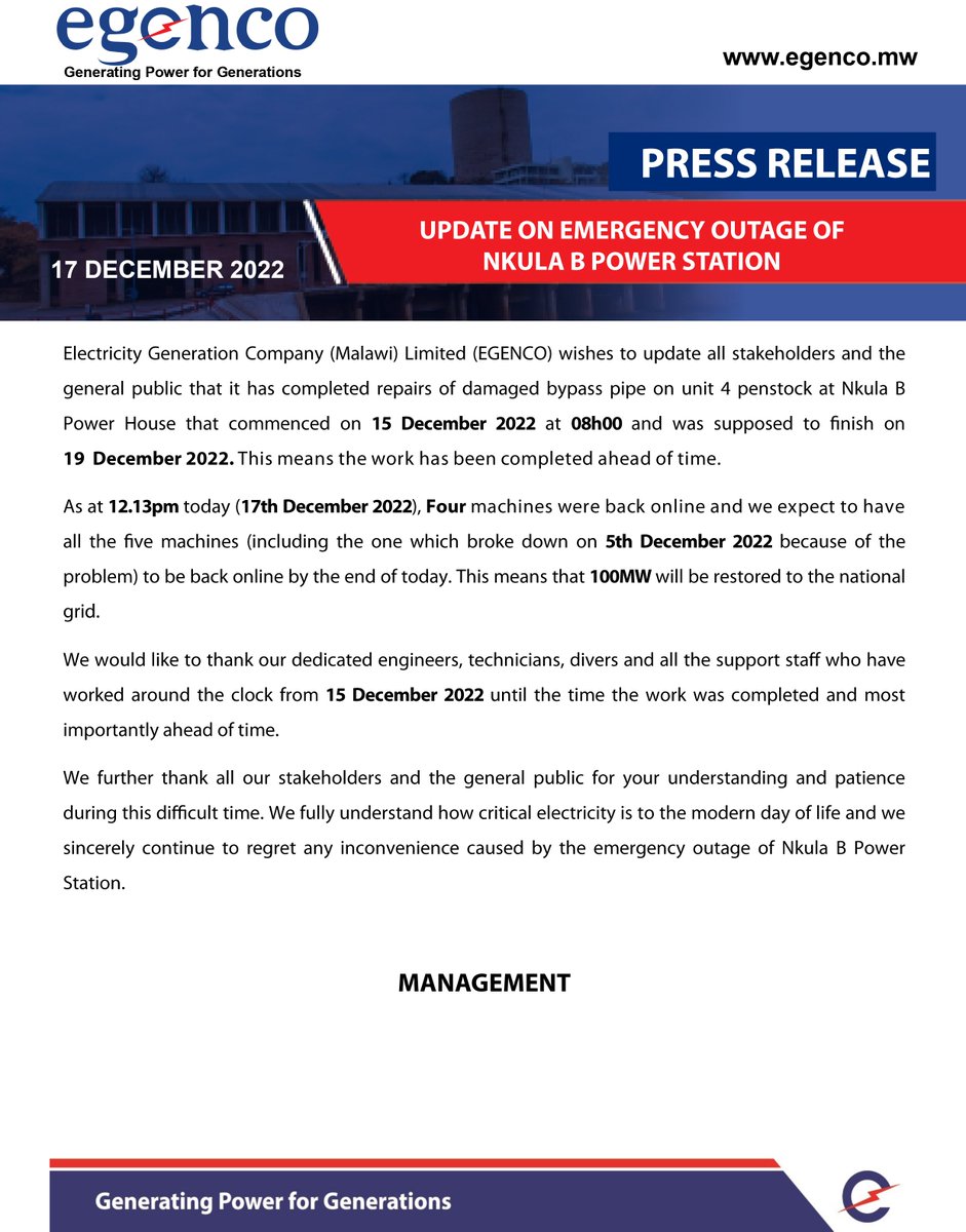 UPDATE ON EMERGENCY OUTAGE OF NKULA B POWER STATION