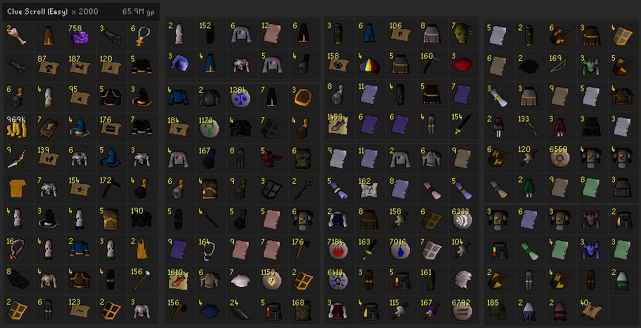 JackRS__'s tweet photo. Starting the 1,650 Medium Clue opening shortly.

This was the final loot from all 2,000 Easy clues last night for those who missed. :) Finished on 129/131 Log, better luck next stack hopefully.

Master Clue stack currently: 85 (expecting 140~ after mediums) https://t.co/7DuRVRWhc9