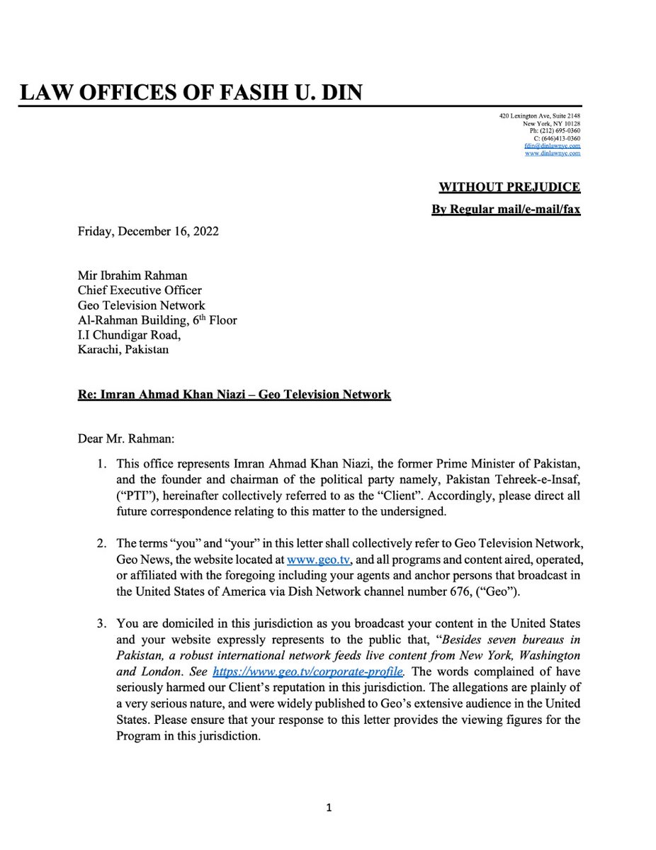 ImranKhanPTI's tweet image. میرے وکلاء کی ٹیم نےفصیح الدین کی قیادت میں امریکہ میں جیو اور میرشکیل کیخلاف ڈیمانڈ نوٹس دائر کردیا ہے۔ جیو اور اس کے سرپرستوں کیجانب سے جھوٹی خبروں اور غلط معلومات کےفروغ کےکلچر سےعدالتوں میں نمٹا جائے گا۔