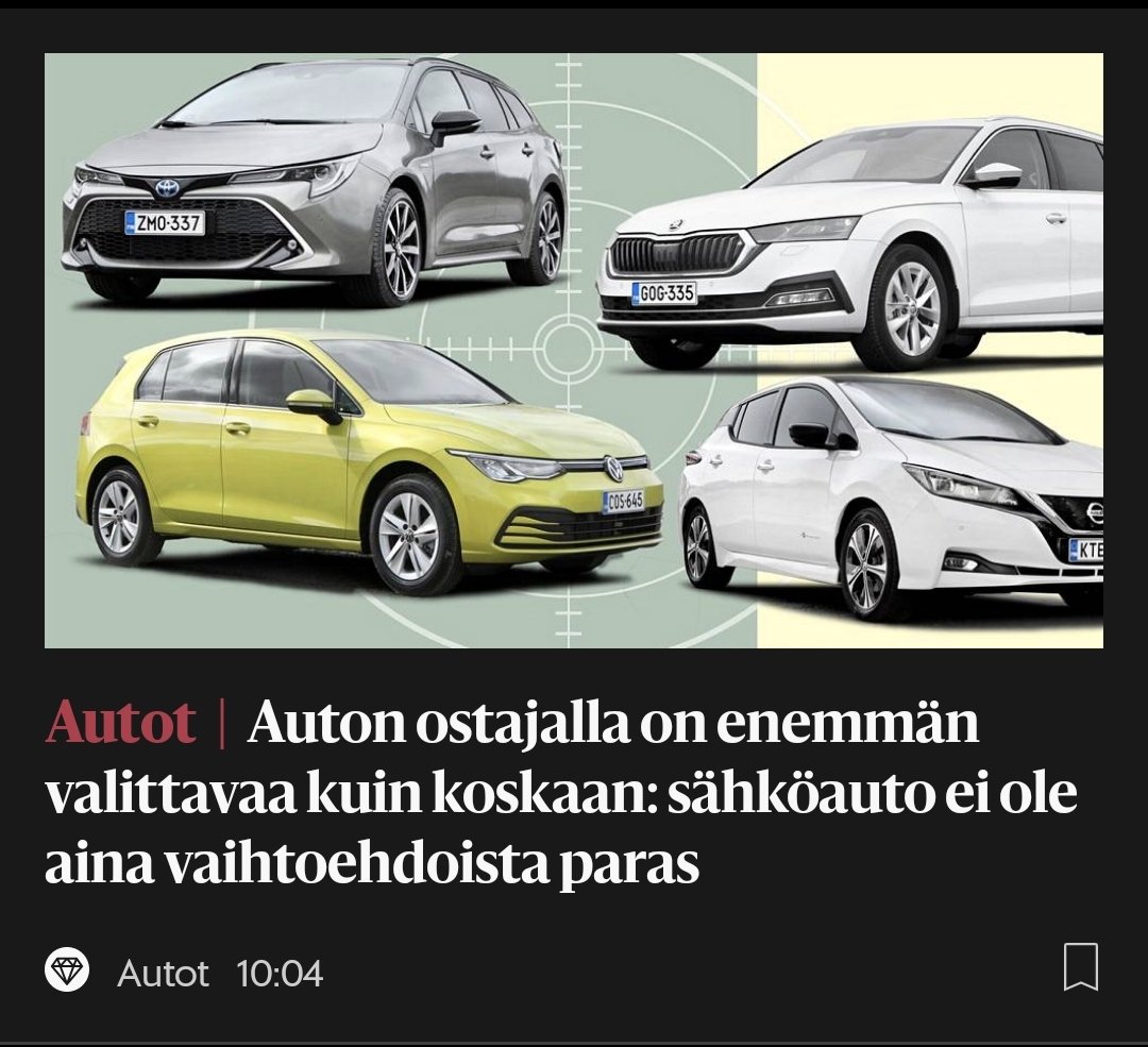 Siippa <a href="/MillaLaita/">Milla Laita</a> pohti aiheellisesti, miksei tässä lue: "Diesel/bensa/kaasuauto ei ole aina vaihtoehdoista paras"?
<a href="/jonssi/">Joonas Turunen</a>'n juttuidea sinänsä 👍, yrittäen avata eri tarpeisiin vaihtoehtoja. Oma valinta vaati rankkaa excelöintiä.
#entäilmasto <a href="/aelehti/">Anu-Elina Lehti</a> hs.fi/autot/art-2000…