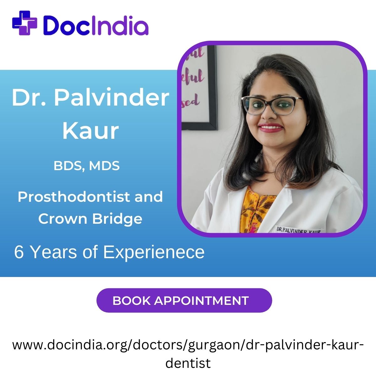 DocIndiaOrg's tweet photo. Welcome to DocIndia Dr. Palvinder Kaur. She is a specialist dentist (Prosthodontist and Implantologist) practicing at Imperial Smiles Dental and Implant Clinic.
Book Appointment: https://t.co/SEUl85678x
#docindia #trending #dentist #teeth #doctors #gurgaon #gurugramcity https://t.co/JZBAArQXKz