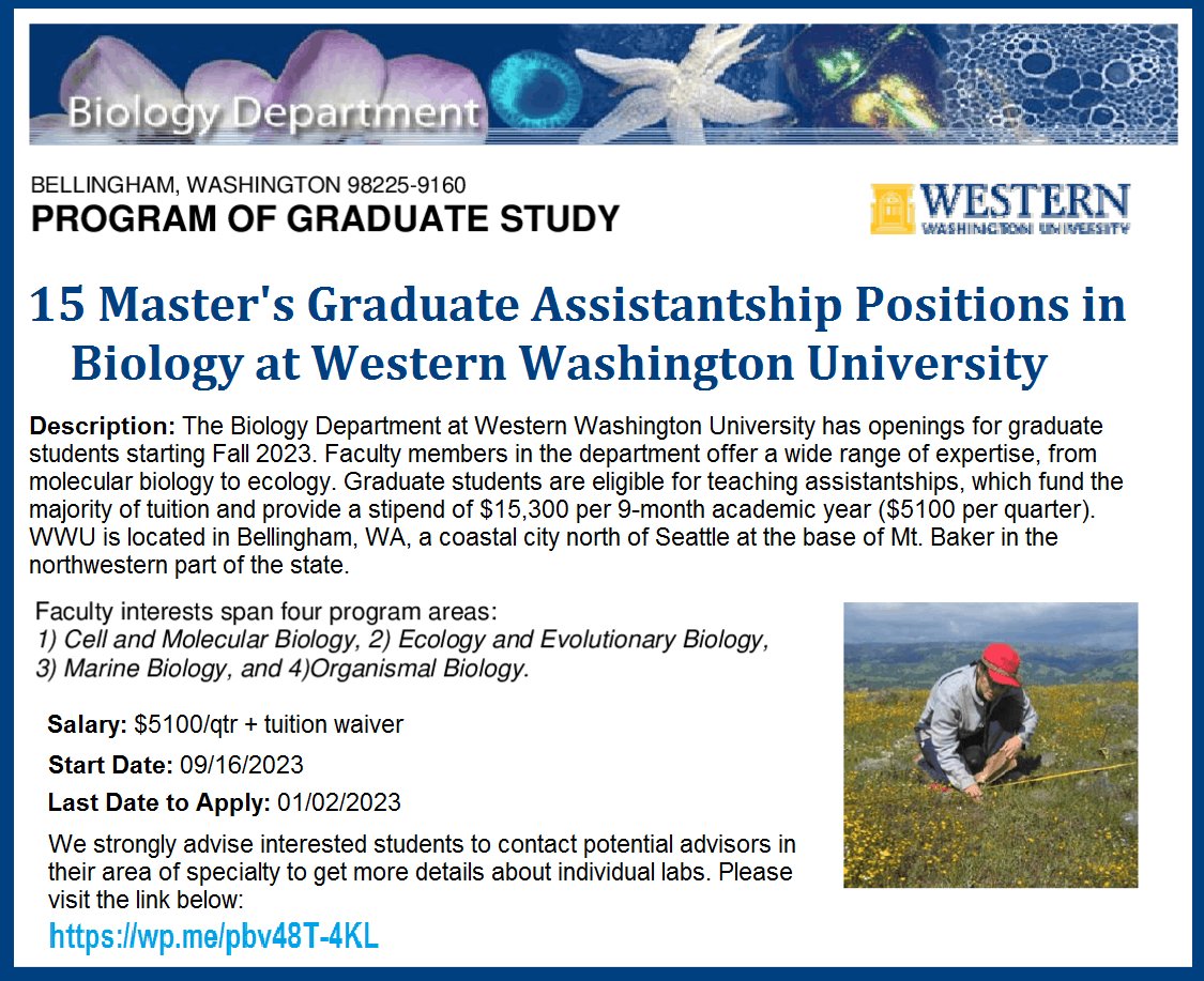 📌 15 Master's Graduate Assistantship Positions in Biology at Western Washington University, United States 🇺🇸[Salary: $5100/qtr + tuition waiver] ... Please Retweet and spread the word! For details visit the link below👉 wp.me/pbv48T-4KL