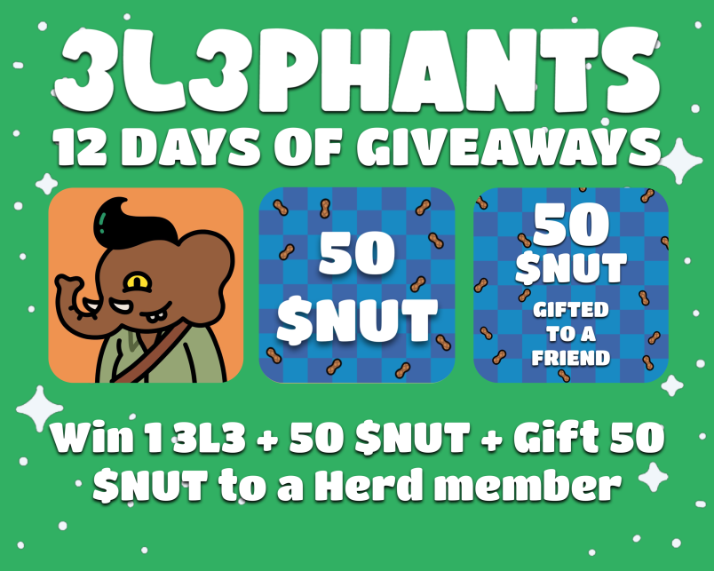 3L3Phants ๐ (@3l3nft) on Twitter photo ๐จ 12 DAYS OF GIVEAWAYS #13 ๐จ
Day 8/Prize 1 gets this Brown poncho 3L3 + 50 $NUT!
If you win you must choose an 3L3 holder to receive 50 nut with you ๐ฅ
To enter:
- Like & RT
- Follow <a href="/3L3NFT/">3L3Phants ๐</a>
- Tag a Herd
Ends: 2 hours ๐
Notifications on โ
#3L3Xmas ๐จ 12 DAYS OF GIVEAWAYS #13 ๐จ
Day 8/Prize 1 gets this Brown poncho 3L3 + 50 $NUT!
If you win you must choose an 3L3 holder to receive 50 nut with you ๐ฅ
To enter:
- Like & RT
- Follow <a href="/3L3NFT/">3L3Phants ๐</a>
- Tag a Herd
Ends: 2 hours ๐
Notifications on โ
#3L3Xmas