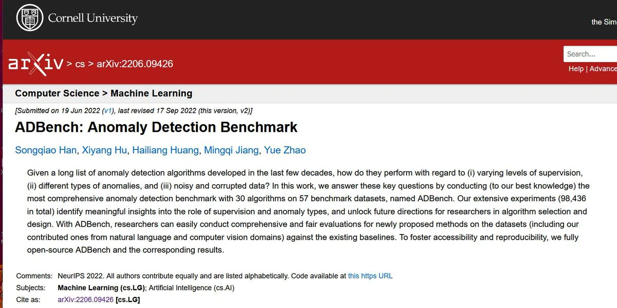 ADBench is a comprehensive benchmark for evaluating anomaly detection algorithms. This paper conducts experiments with 30 algorithms on 57 datasets to identify meaningful insights into the role of supervision and anomaly types arxiv.org/abs/2206.09426