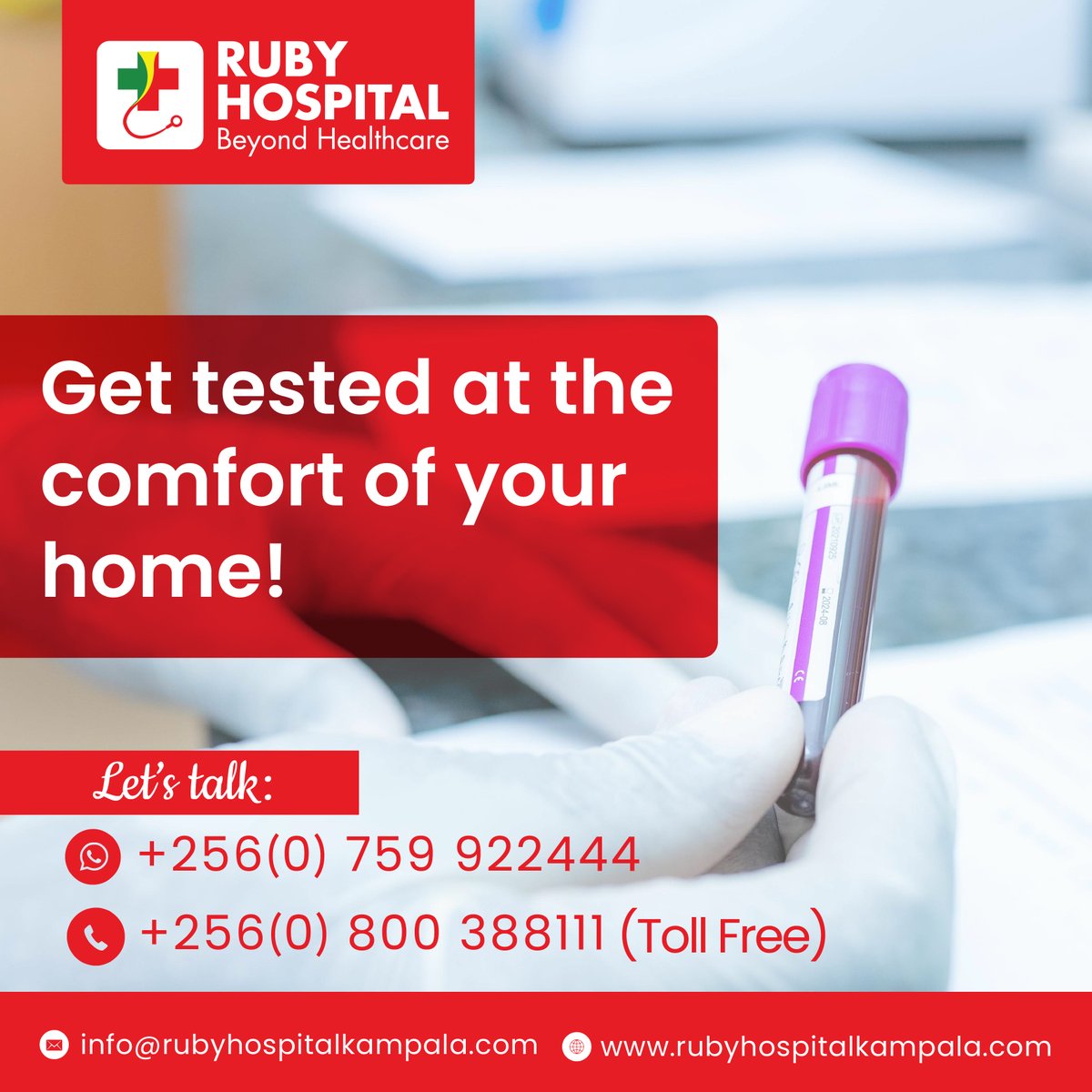 RubyhospitalUg's tweet image. Save the time and money, just Call or whatsapp us today for Lab sample collection at the convenience of your home

#RubyHospital
#BeyondHealthcare
#Labonline
#Festiveseason