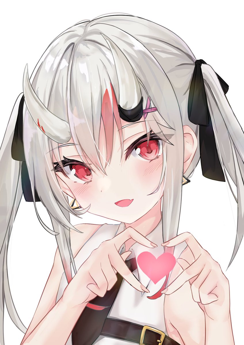 nakiri ayame 1girl solo red eyes horns heart twintails heart hands  illustration images