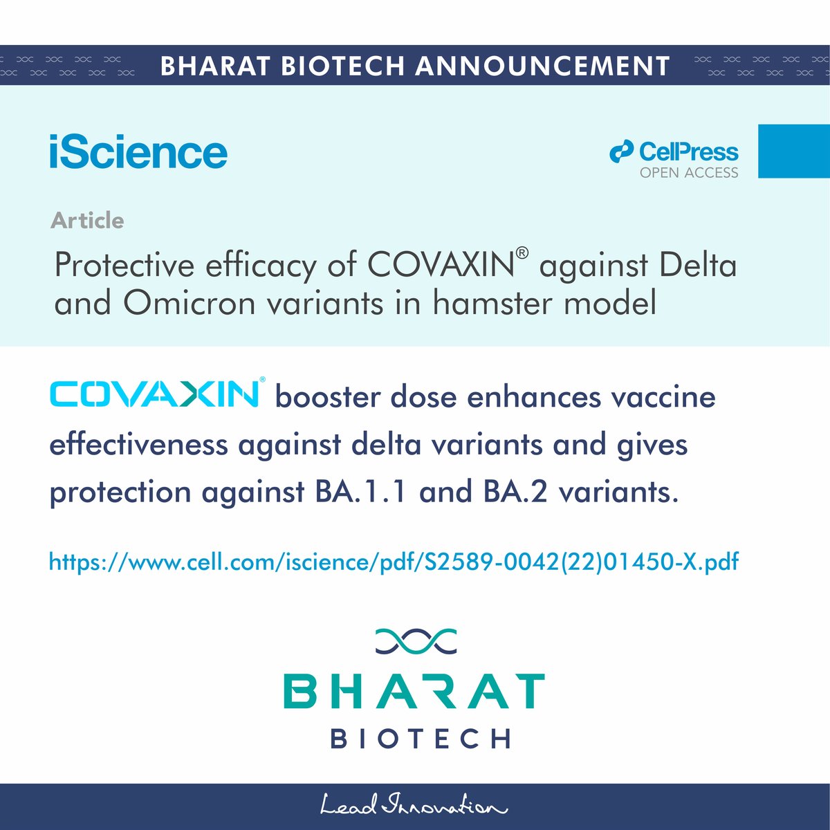 Protective efficacy of COVAXIN® against Delta and Omicron variants in hamster model 
chrome-extension://efaidnbmnnnibpcajpcglclefindmkaj/cell.com/iscience/pdf/S…
#Bharatbiotech #announcement #Vaccine #Covaxin #covid19 #vaccinesafety #immunisation #vaccineforall #VaccineDevelopment