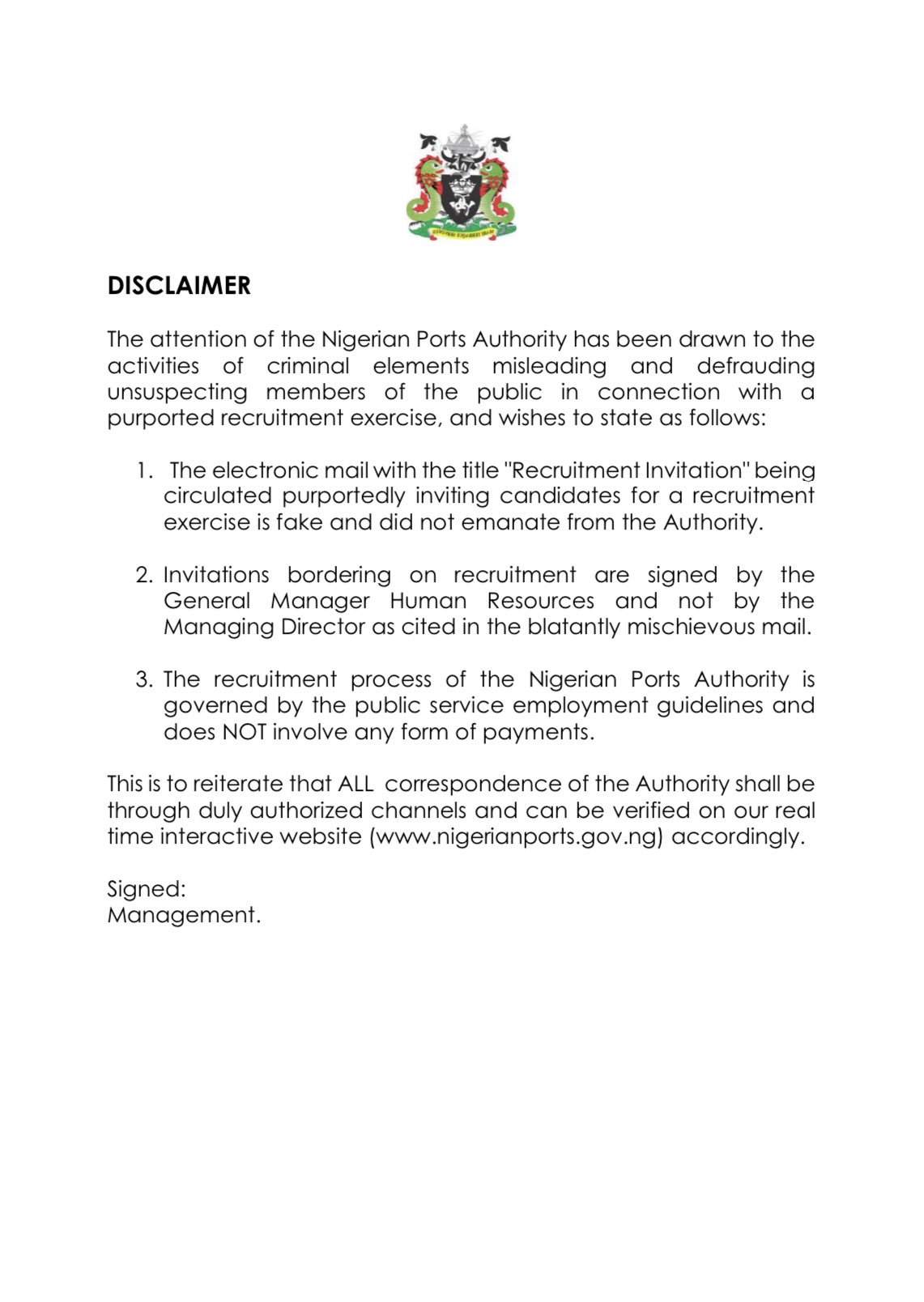 Nigerian Ports on X: &ldquo;DISCLAIMER: The attention of the Authority 