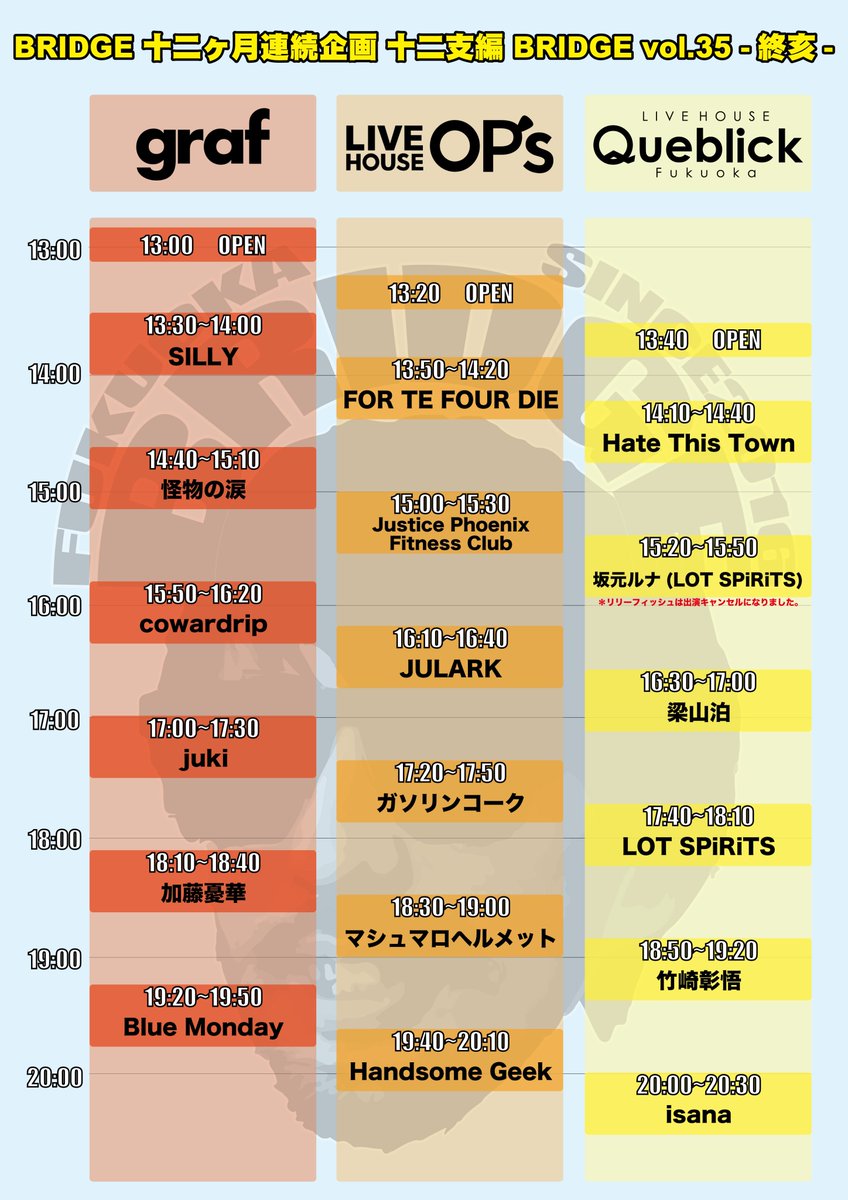 queblick's tweet photo. 明日はコチラ👏
BRIDGE最終回‼️
お待ちしています🙆♂️
*リリーフィッシュはキャンセルになりました。
#BRIDGE
#十二ヶ月連続企画
#vol35
#終亥
#HateThisTown
#坂元ルナ
#梁山泊
#LOTSPiRiTS
#竹崎彰悟
#isana
#かがっちょ
#Queblick
#LIVE
#LIVEHOUSE https://t.co/0TMFOX6cYL