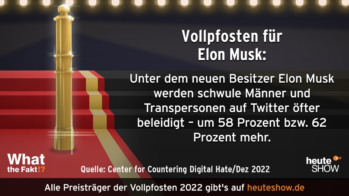 Der ehemals reichste Mann der Welt hat 44 Milliarden Dollar für Twitter ausgegeben – und die Plattform nicht unbedingt zum Besseren verändert. 
Alle Preisträger der Goldenen Vollpfosten gibt's auf unserer Homepage: kurz.zdf.de/wtf2233t/