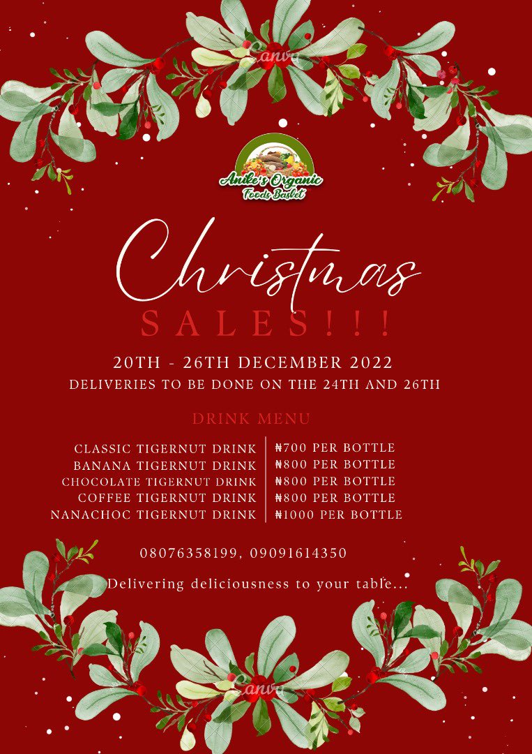 theoloriherself's tweet photo. Anike’s Organic Foods brings you an amazing offer this Christmas!!! 🥰🥰 

All variants of our amazingly delicious Tigernut Drink are available at 30% off. Offer valid while stock lasts.
Delivery in Lagos.
Kindly RT! https://t.co/K9i4QOD5mu