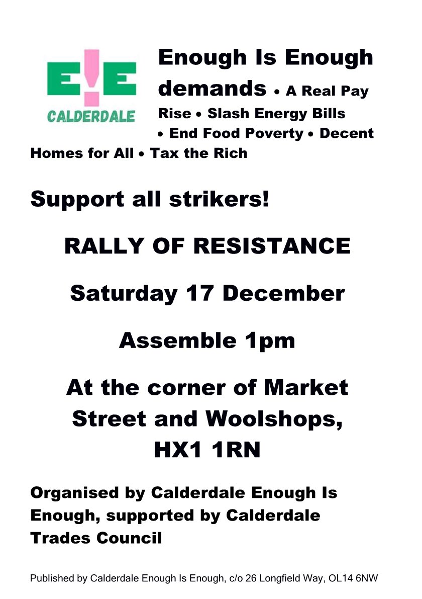 calderdaletuc's tweet photo. ***STARTING SOON***
In #Halifax town centre? Get along to @EiECalderdale #RallyofResistance today from 1pm at the top of the #Woolshops @KirkleesEIE @calder_unite @sutr_calderdale @CalderdaleD @CalderdaleNEU @TUC_Bradford @strike_map @InclusiveEcono1 @infostaugs @GraystonThe ✊✊ https://t.co/7QBwdZfdqx