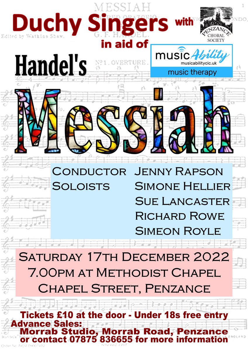 sarahmcquaid's tweet photo. Tonight!! Really looking forward to singing #HandelsMessiah with #DuchySingers in aid of #MusicAbility at #ChapelStreetMethodistChurch #Penzance! #Cornwall #Kernow #concert #choir #choirconcert #Christmas #christmasconcert #charity #charityconcert #whatson #events #livemusic https://t.co/D6cT4hVFXc