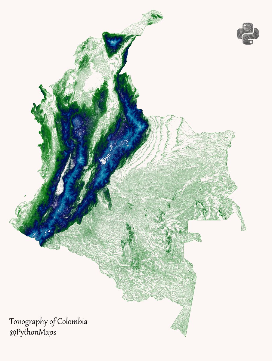 PythonMaps's tweet photo. Contour line map showing the topography of Colombia.
This map was made with #Python. Comment and let me know which country I should make next! #Data #DataScience #Datavisualization #DataScientist #Colombia #Geography https://t.co/mqbYaNBasu