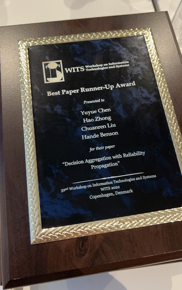 Truly honored to receive the Best Paper Runner-Up award at #wits2022! Congrats and thanks to my co-authors: Yuyue Chen, Chuanren Liu, Hande Benson. Thanks to the conference chairs Chee-Wee Tan, Zhiqiang Zheng and the entire organizing team for their recognition and great efforts!